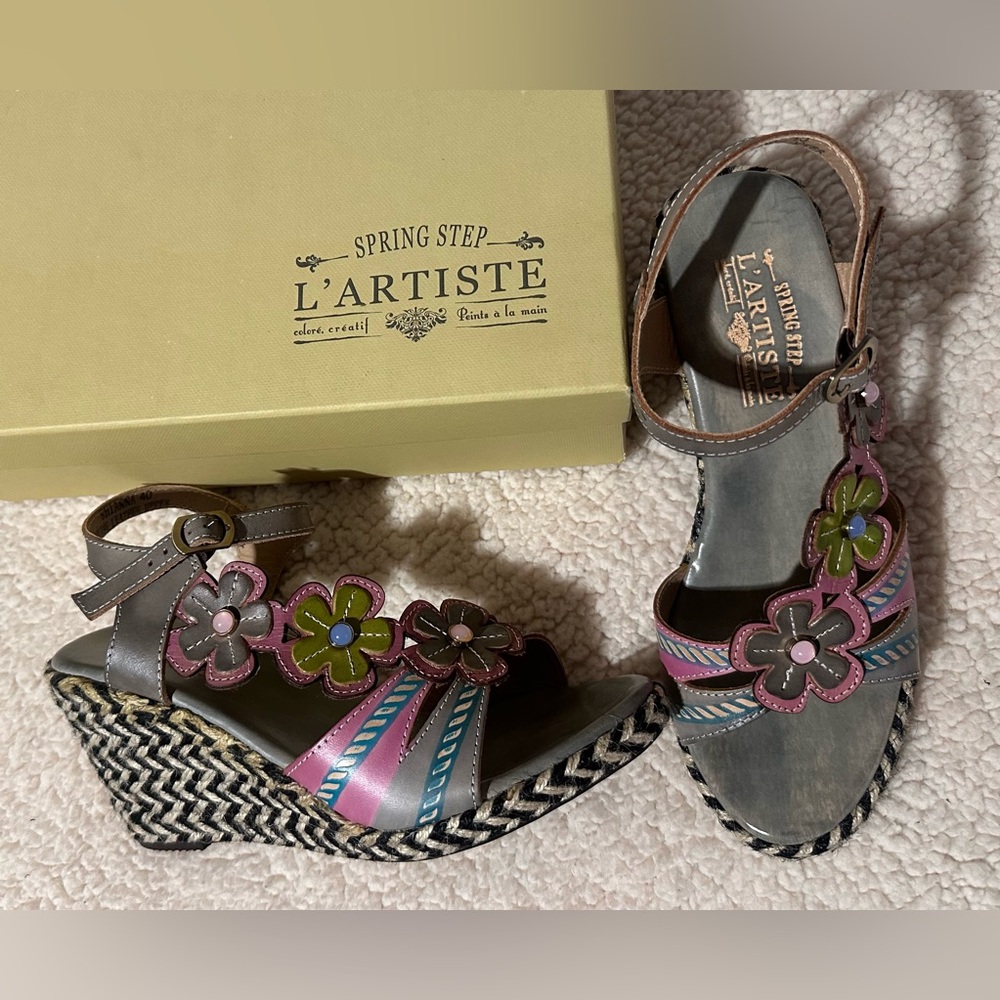 L'ARTISTE Rhianna Black Grey Pink Leather Jute Wedge Heel Sandals 40 US 9 boho